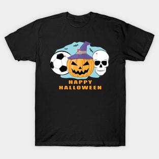 Happy Football / Soccer Halloween - Spooky Skull and Pumpkin T-Shirt